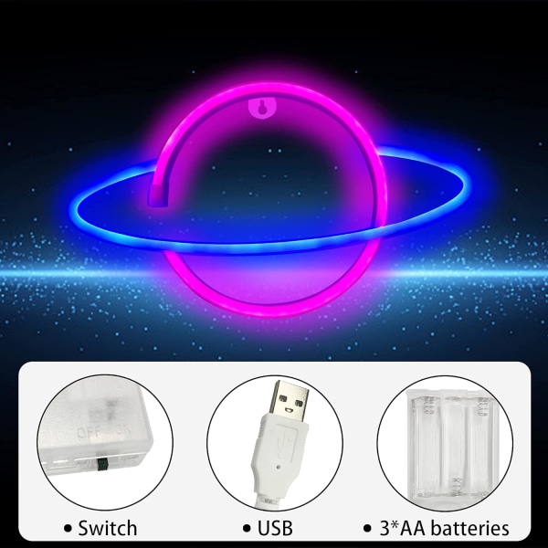 Planet Led Neon Valot Neon Valomainos Seinälle USB tai Paristoilla