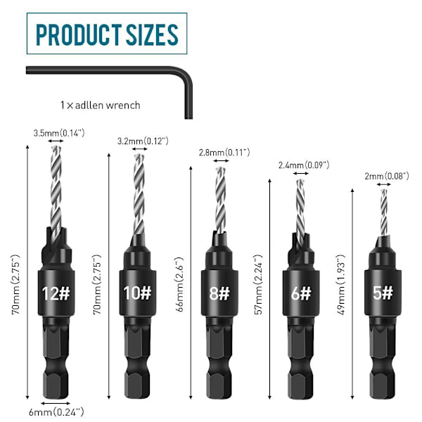 5-pack Chamferborrset, 1/4\" Justerbar Hexskaft Senkborr