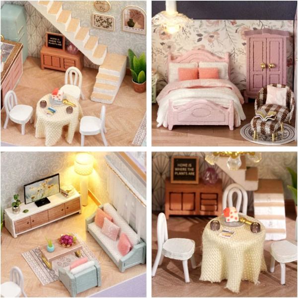 Dockhus Miniatyr med Möbelkit, DIY 3D Trä DIY Hus K