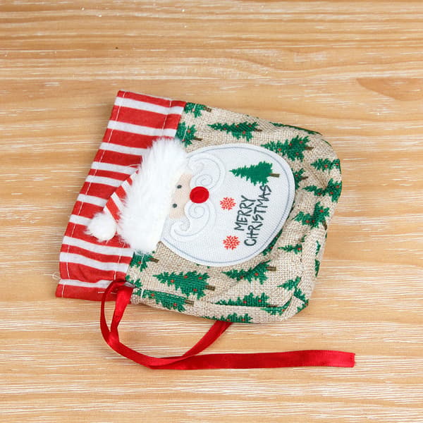 2 juläppelsäckornament i linne, tecknad tomte snögubbe present