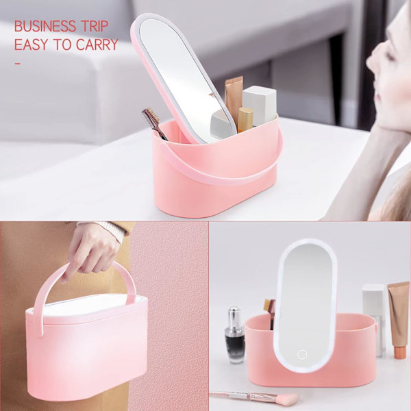 Makeup Organizer Box med Spejl og LED Lys - Bærbar Rejsemakeuptaske
