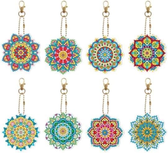 8 st 5D Diamantmålning Mandala Nyckelringar med Rhinestone Mandal