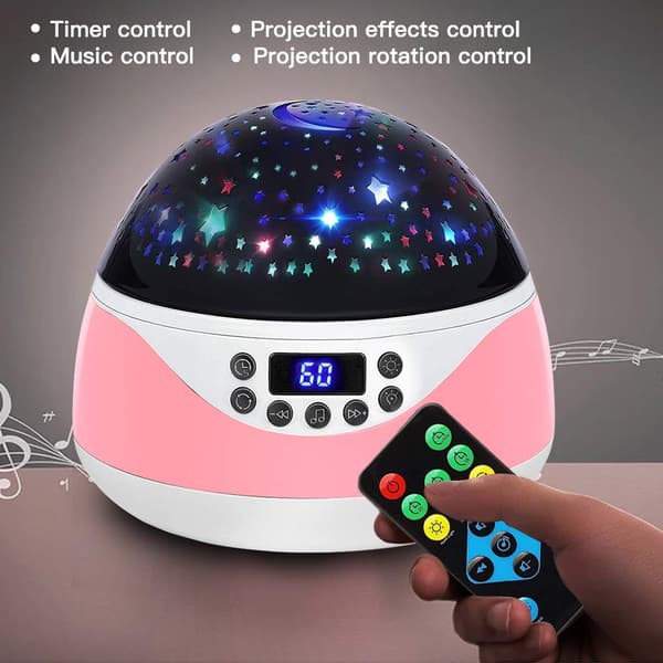 Stjernehimmel-projektor med timer og musikk, rosa, fjernkontroll