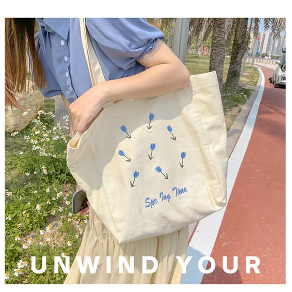 Liten fräsch totebag för studenter, axelväska i canvas, blå