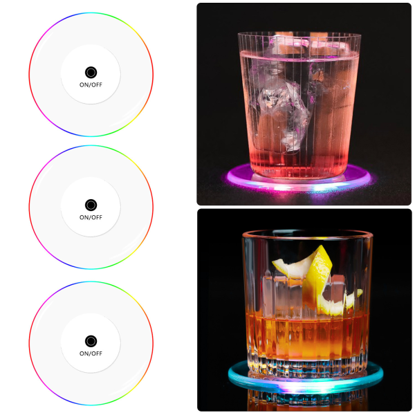 3 Pack Akryl krystall LED Glow Coasters Bar Cocktail Bright Glit