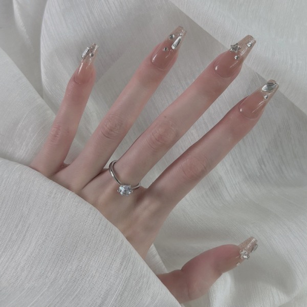 24pcs French Nude  Ballerina Flash Diamond Crystal Long Glossy Co