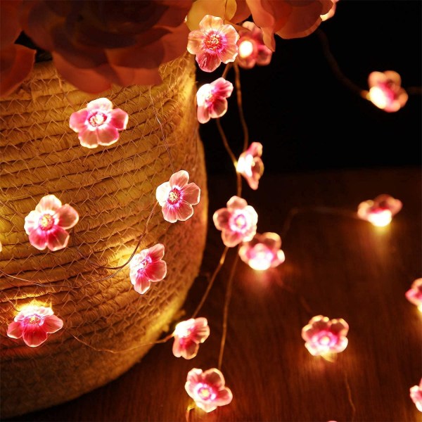 50 LED Lysende Pink Kirsebærblomst Fairy Lights, USB og Batteridrevet