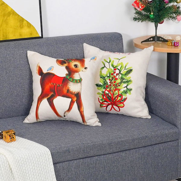 Set med 4 Kuddfodral Jul Retro Strump Sika Rådjur Mönster Dekorativ Soffa Kuddfodral Dekoration för Sovrum, Soffa,