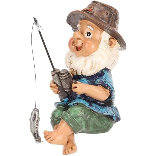 Havefigur til haven - Fiskende Gnomeskulptur i Resin til Dam, Græs, Havedekoration