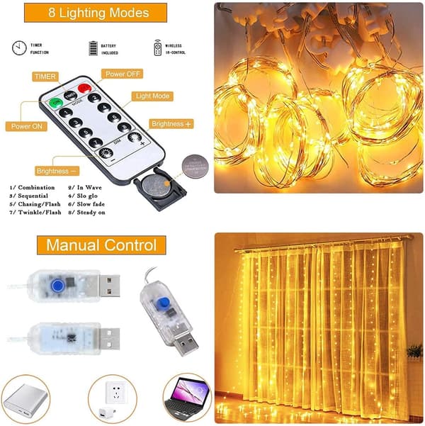 Gardinslys 3M*3M 300LED med 8 Moduser Fjernkontroll Timer Justerbar