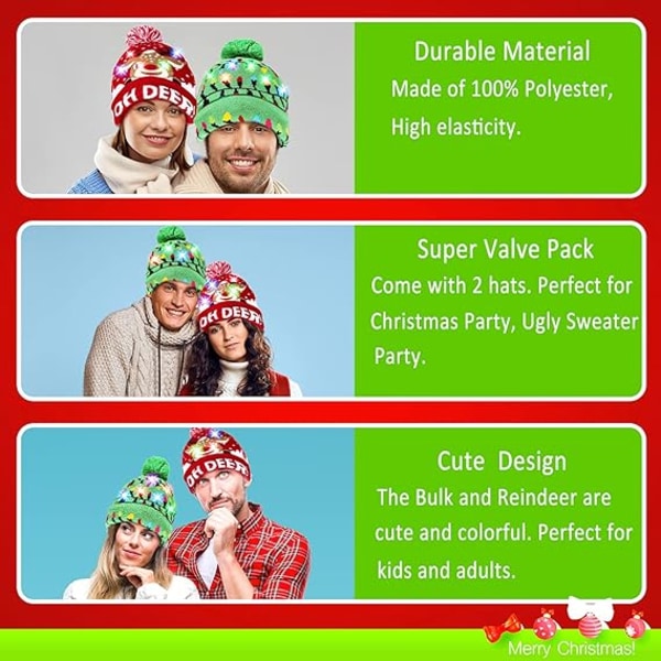 2-pack Jultomte LED-upplyst stickad mössa med färgglada blinkande ljus