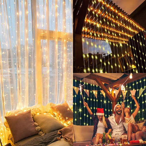 Utendørs Solcelledrevne Lyslenker, 3x3m 300 LED Gardinlys, 8 Moduser
