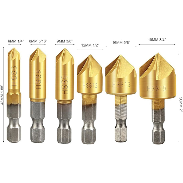 6 stk. Træbearbejdnings-Countersinks, 90° HSS Konisk Countersink, Carbi