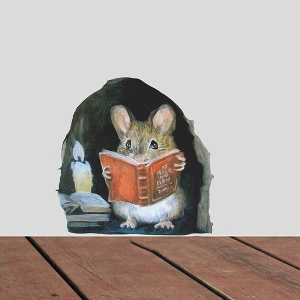 3PCS 3D Realistiska musväggklistermärken, Mouse Reading Book Wall De