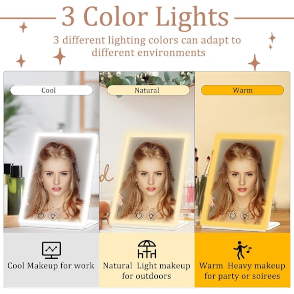 Matkailu Meikkipeili 3X Suurennuspeilillä, Ladattava Kosketuspeili Valoilla, 3 Väri Valo