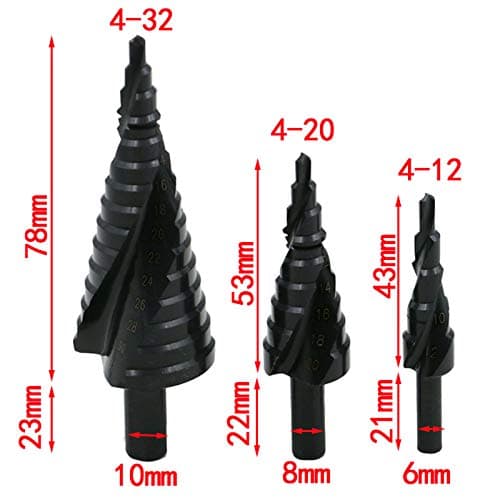 Trinnbor 3-delt sett 4-12mm/4-20mm/4-32mm, HSS Nitrid Spir