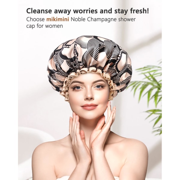 Large shower cap suitable for women with long hair, champagne shower cap with lace, double-layer waterproof, reusable, w