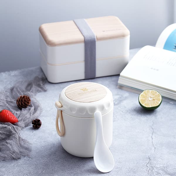 3-delad set Trästruktur Plast Dubbellagers Lunchbox Soppkopp