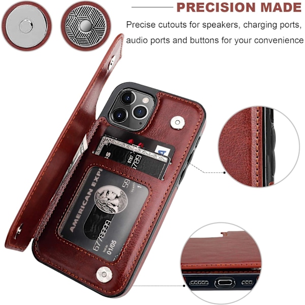 iPhone 12/12 Pro Plånboksfodral, PU Läder Kortfodral, Kickstand Slots, Dubbel Magnetisk Spänne, Stötsäkert Fodral - 6.1\" Br