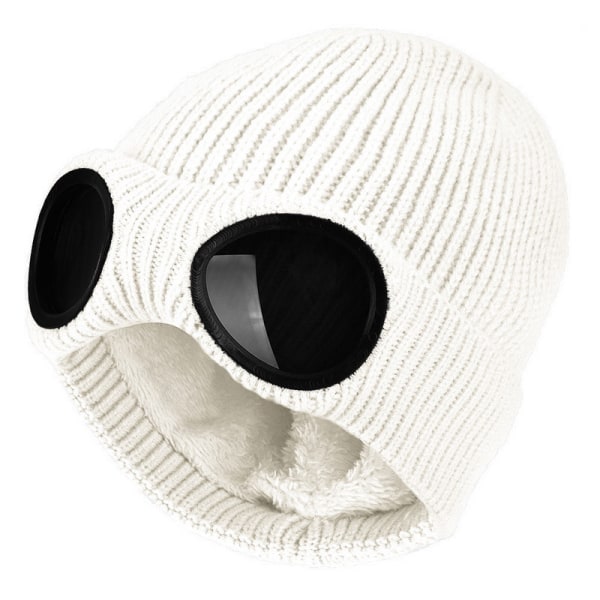 Unisex Goggle Beanie Stickad Vinter Chunky Beanie Hat, Vit