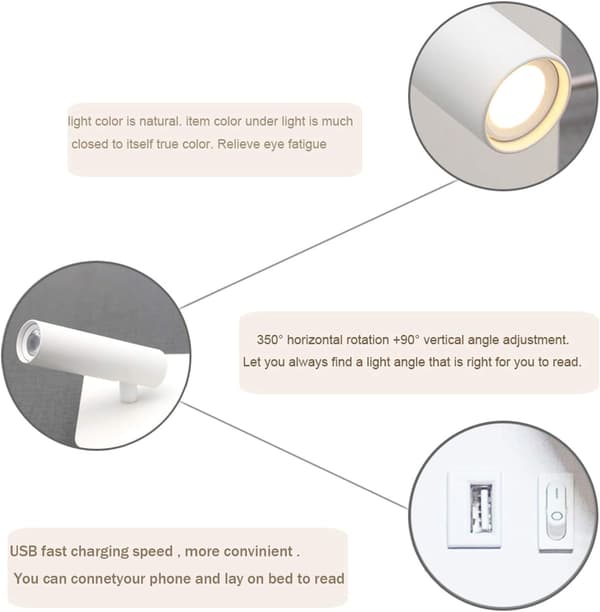 LED Vegglampe, 9W, Sengelampe med USB-lading