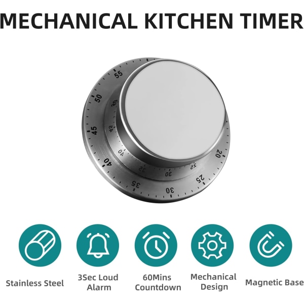 Mekanisk Köktimer med Magnetisk Bas, 60 Minuters Nedräkning