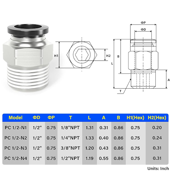 10 kpl Pneumatiset Uros-liittimet PC1/2 R04 Kierteellä Push-In Yhteydellä