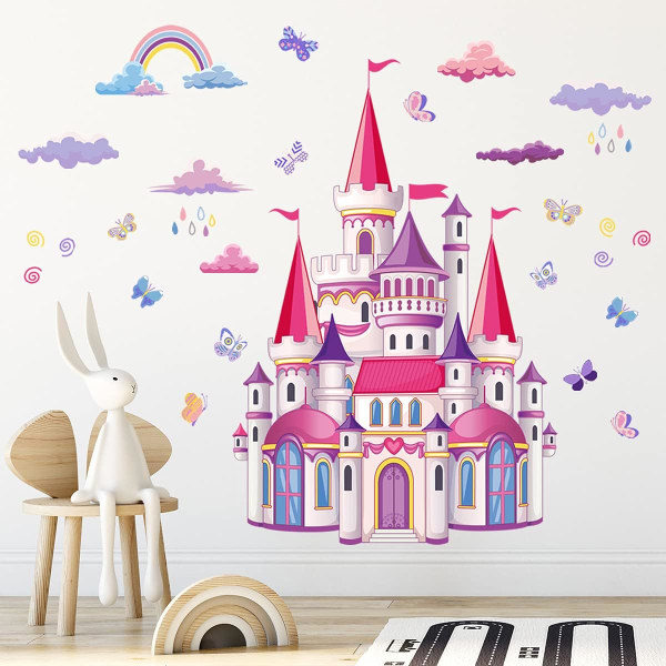 Färgglada slott väggdekor, regnbåge fjäril väggdekaler moln