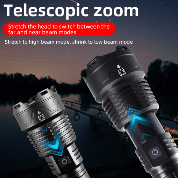 P160 genopladelig lommelygte zoom nødsituation lys multifunktionel