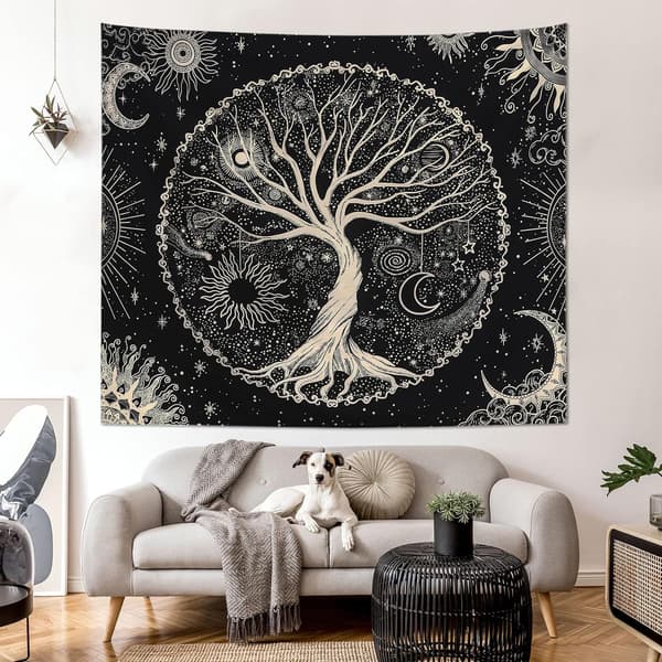 Livets tre veggteppe for soverom, svart og gull boho
