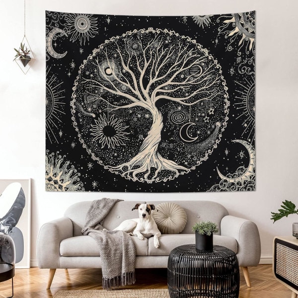 Tree of Life Tapestry för sovrummets estetik, svart och guldbohem