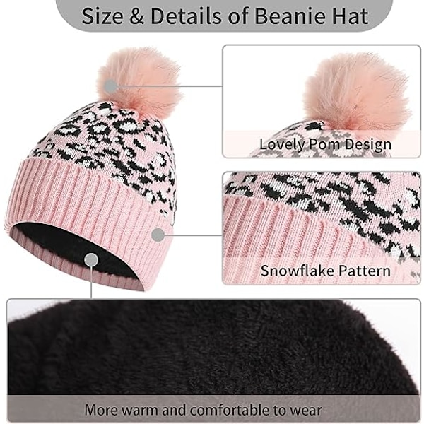 Leopard Beanie Hat, Halsklæde og Touch Screen Handsker Sæt med Pompom til Kvinder