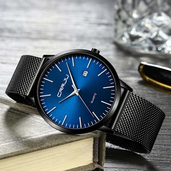 Herrklocka Ultratunn Vattentät Armbandsur Herr Mode med Svart Rostfritt Stål Armband Mesh Analog Kvarts Business Herrklockor
