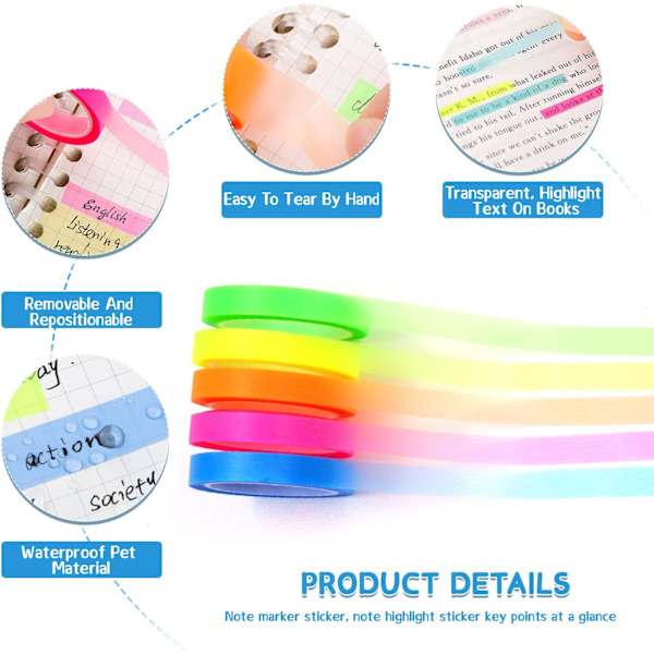 20 Ruller Klar Skrivelig Høylysende Tape, Tynne Sticky Notes, 5 Farger