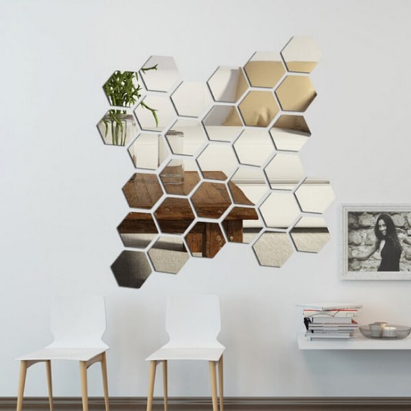 4pcs Removable Mirror Stickers DIY Hexagon Wall Decor Non-Glass L