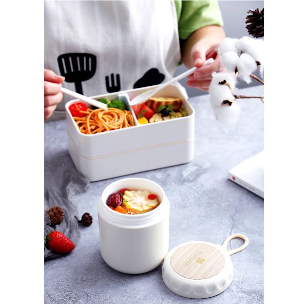 3-delad set Trästruktur Plast Dubbellagers Lunchbox Soppkopp