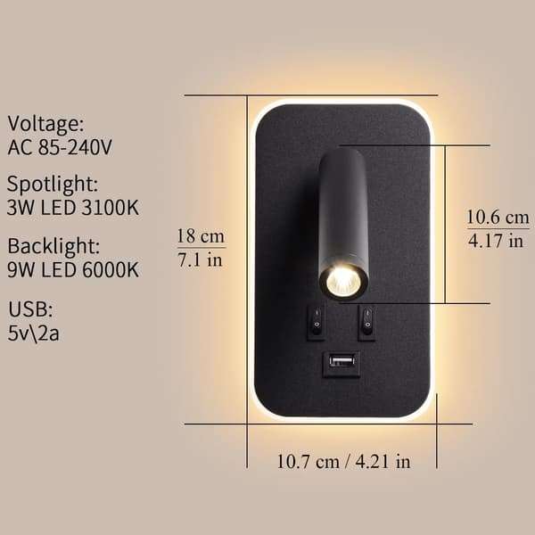 LED Vegglampe, Sengelampe med Bryter, USB-Lading