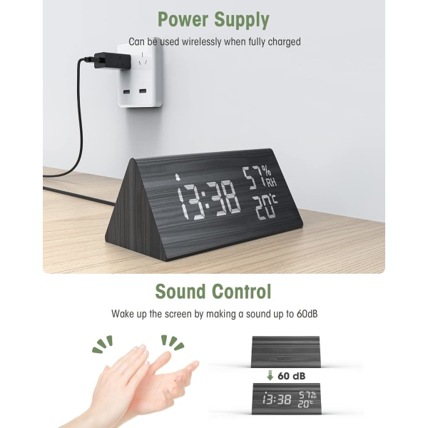 Trä Digital Väckarklocka, Digital Klocka med Snooze/Datum/Temperatur