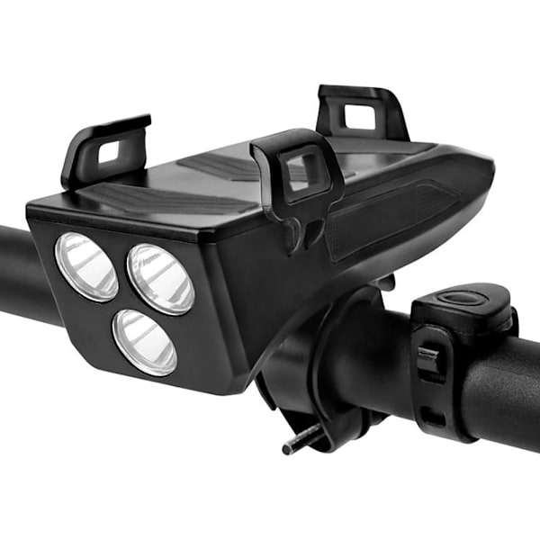 4 i 1 Multifunksjonelt Sykkellys Horn Lampe med Telefonholder, USB Vanntett Oppladbar Sykkellys med 3 Lysmoduser 5 Lyd (Svart)
