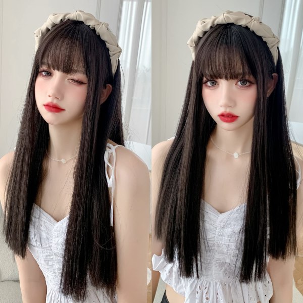 WIGS pitkä suora peruukki otsatukkailla Hiusvärjätty musta peruukki naisille Synteettinen luonnollinen musta hiusjuhla ja Cosplay Premium pehmeä peruukki (23 tuumaa musta)