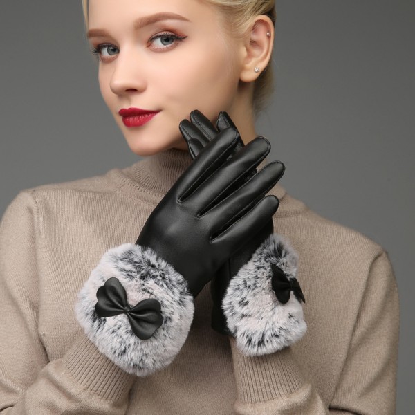 Plush Bowknot Läderhandskar för Kvinnors Vinterridning, Tjocka