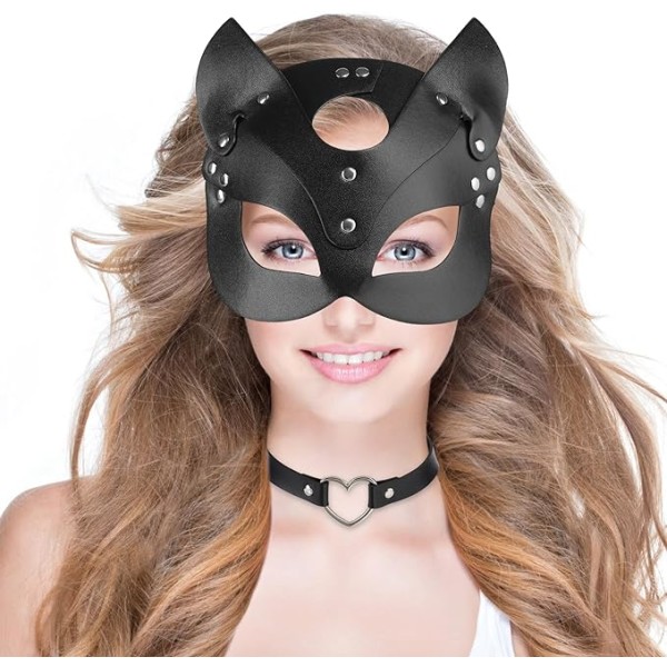 Kattkvinna Mask för Kvinnor, Sexig Kattmask, Svart Lädermask, Halv DXGHC