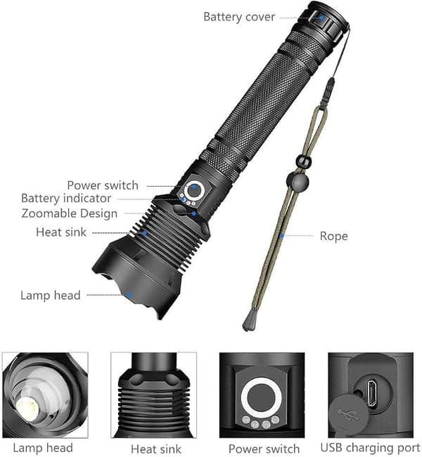 Super Tehokas LED-Taskulamppu, 90000 Lumenia Latautuva Taskulamppu XHP70 S