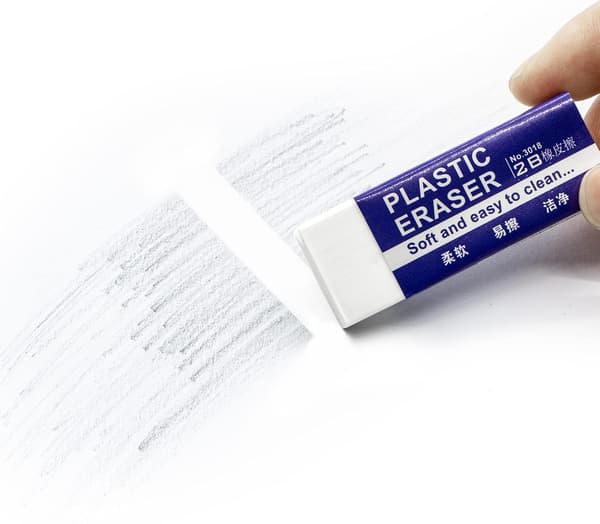 Sett med 9 hvite viskelær, 2B plastblyantviskelær med oppbevaringsboks