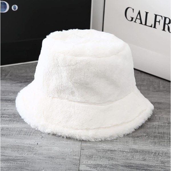 Plush-kalastajanhattu Naisille Lämmin Talvihattu Tekoturkis Bucket-hatut-Wh