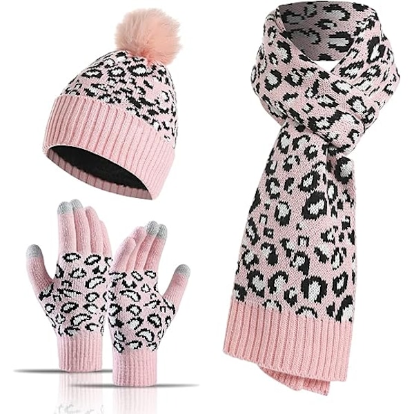 Leopard Beanie Hat, Halsklæde og Touch Screen Handsker Sæt med Pompom til Kvinder
