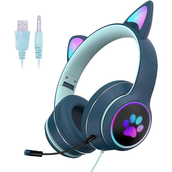 Kablet Cat Headphones LED Gaming Headset for voksne og tenåringer, Blu