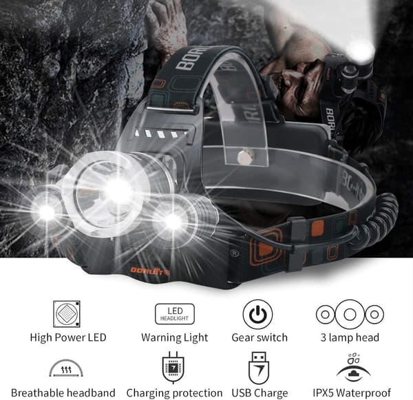 Ladesbar LED-hodelykt 5000 Lumen Super Lys med 4 Beste M