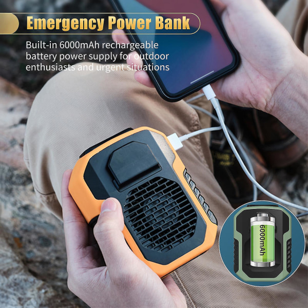 （Orange） Mini Midje-Klippfläkt med 6000mah Batteri Handsfree Bärbar