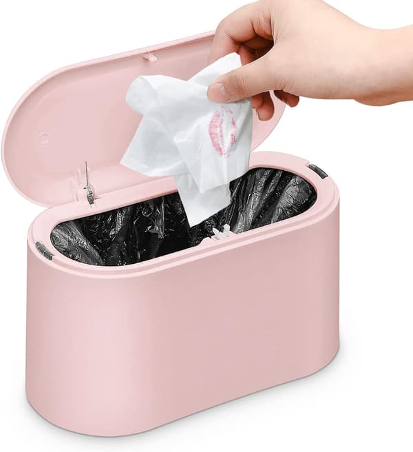 Rosa, liten bordsoppsamler med trykknapplokk for baderom
